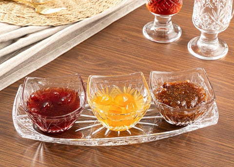 Set 3 boluri sticla cu platou 4 Piese Berlin breakfast set Eleganta și Versatilitate pt Servirea Meselor