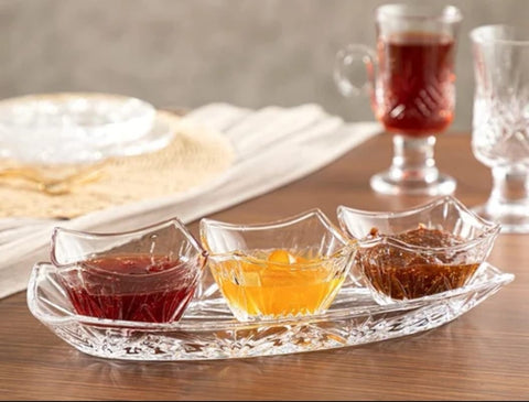 Set 3 boluri sticla cu platou 4 Piese Berlin breakfast set Eleganta și Versatilitate pt Servirea Meselor