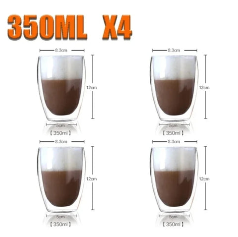 Set 4 cesti cafea pereti dublii termo de sticla coffe 350 ml X 238