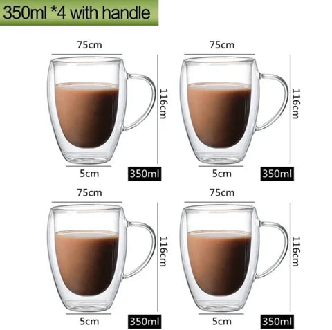 Set 4 cesti cafea pereti dublii termo de sticla coffe 350 ml X 238