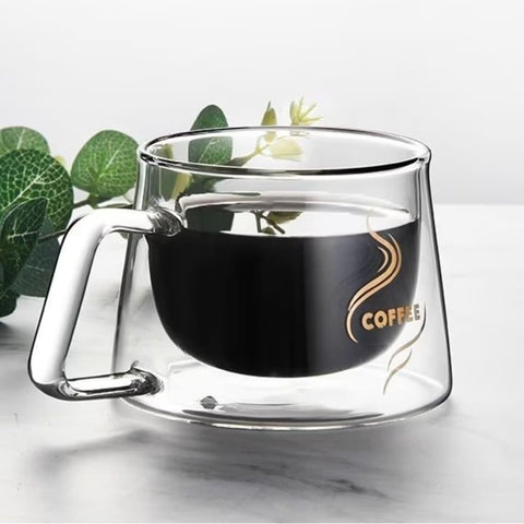 Set 4 cesti cafea 200 ml din sticla termorezistenta cu pereti dubli mesaj COFFEE