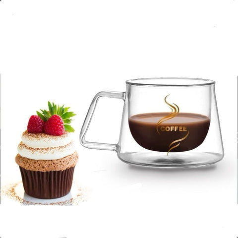 Set 4 cesti cafea 200 ml din sticla termorezistenta cu pereti dubli mesaj COFFEE