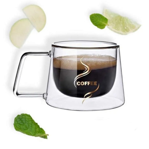 Set 4 cesti cafea 200 ml din sticla termorezistenta cu pereti dubli mesaj COFFEE