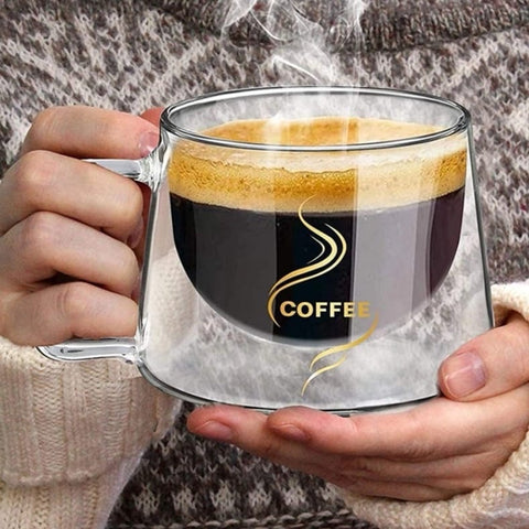 Set 4 cesti cafea 200 ml din sticla termorezistenta cu pereti dubli mesaj COFFEE