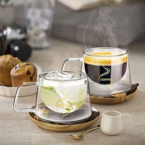 Set 4 cesti cafea 200 ml din sticla termorezistenta cu pereti dubli mesaj COFFEE