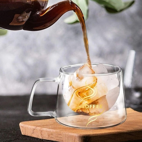 Set 4 cesti cafea 200 ml din sticla termorezistenta cu pereti dubli mesaj COFFEE
