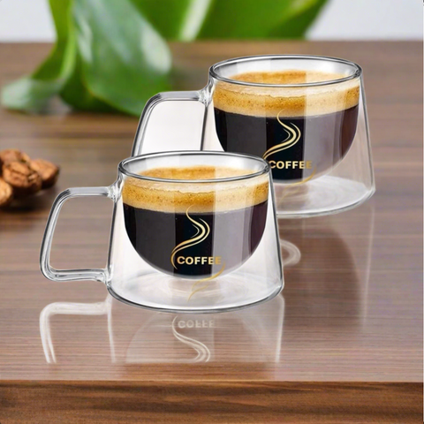 Set 4 cesti cafea 200 ml din sticla termorezistenta cu pereti dubli mesaj COFFEE