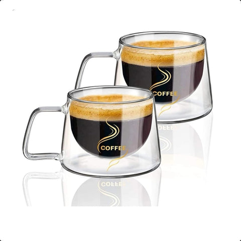 Set 4 cesti cafea 200 ml din sticla termorezistenta cu pereti dubli mesaj COFFEE
