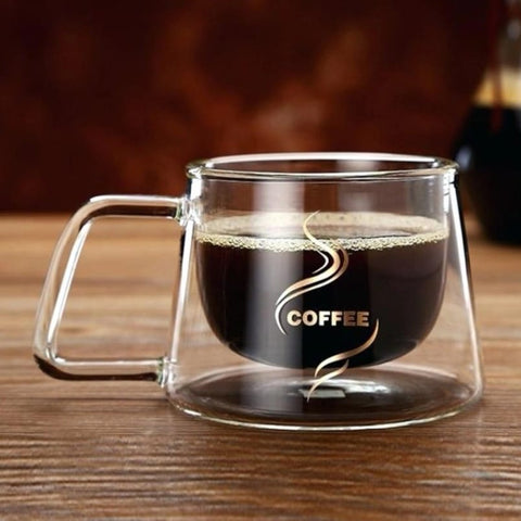 Set 4 cesti cafea 200 ml din sticla termorezistenta cu pereti dubli mesaj COFFEE
