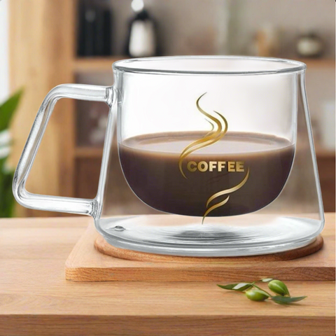 Set 4 cesti cafea 200 ml din sticla termorezistenta cu pereti dubli mesaj COFFEE
