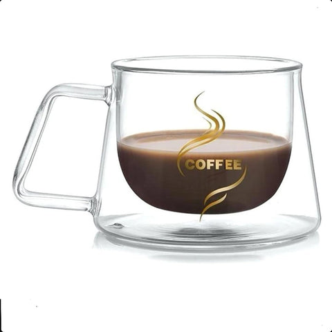 Set 4 cesti cafea 200 ml din sticla termorezistenta cu pereti dubli mesaj COFFEE