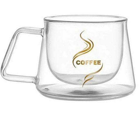 Set 4 cesti cafea 200 ml din sticla termorezistenta cu pereti dubli mesaj COFFEE