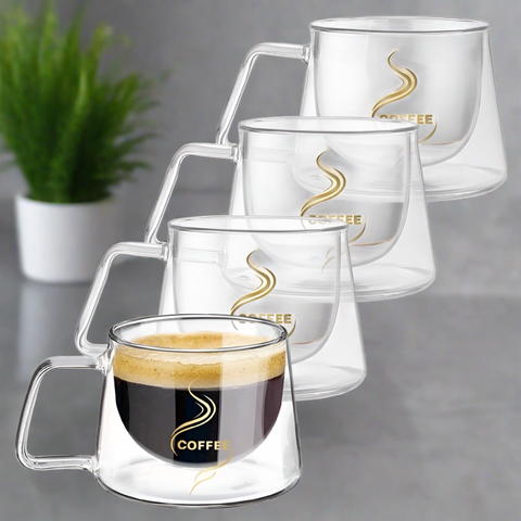 Set 4 cesti cafea 200 ml din sticla termorezistenta cu pereti dubli mesaj COFFEE