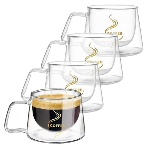 Set 4 cesti cafea 200 ml din sticla termorezistenta cu pereti dubli mesaj COFFEE