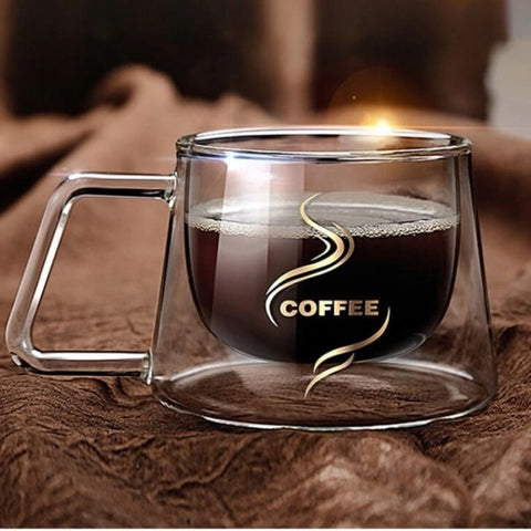 Set 4 cesti cafea 200 ml din sticla termorezistenta cu pereti dubli mesaj COFFEE