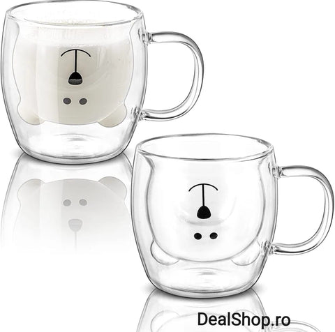 Set 4 cesti cafea pereti dubli sticla termorezistenta Coffe Model Ursulet 260 ml coffe tea