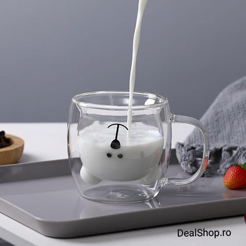 Set 4 cesti cafea pereti dubli sticla termorezistenta Coffe Model Ursulet 260 ml coffe tea
