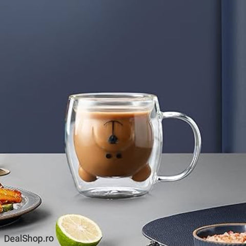 Set 4 cesti cafea pereti dubli sticla termorezistenta Coffe Model Ursulet 260 ml coffe tea