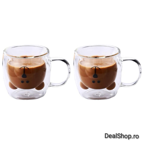 Set 4 cesti cafea pereti dubli sticla termorezistenta Coffe Model Ursulet 260 ml coffe tea