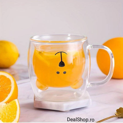 Set 4 cesti cafea pereti dubli sticla termorezistenta Coffe Model Ursulet 260 ml coffe tea