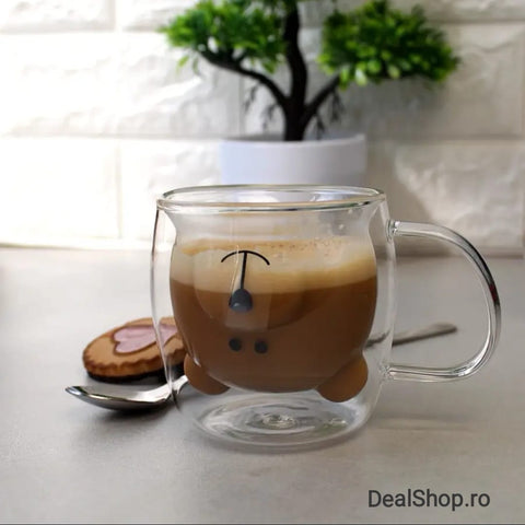 Set 4 cesti cafea pereti dubli sticla termorezistenta Coffe Model Ursulet 260 ml coffe tea