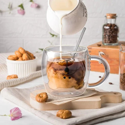 Set 4 cesti cafea pereti dubli sticla termorezistenta Coffe Model Ursulet 260 ml coffe tea