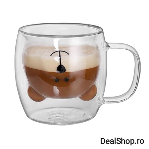 Set 4 cesti cafea pereti dubli sticla termorezistenta Coffe Model Ursulet 260 ml coffe tea
