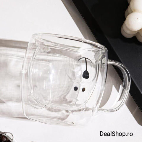 Set 4 cesti cafea pereti dubli sticla termorezistenta Coffe Model Ursulet 260 ml coffe tea