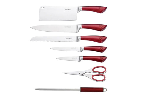 Set cutite cu suport rotativ 8 Piese Royalty Line RL-KSS804 Roșii Precizie si Eleganta in Bucatarie