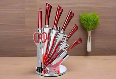 Set cutite cu suport rotativ 8 Piese Royalty Line RL-KSS804 Roșii Precizie si Eleganta in Bucatarie