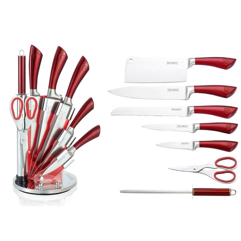 Set cutite cu suport rotativ 8 Piese Royalty Line RL-KSS804 Roșii Precizie si Eleganta in Bucatarie