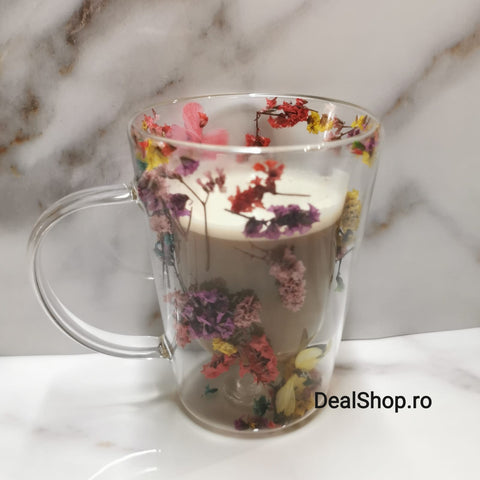 Set 6 Cani pentru Ceai Cafea Latte Machiato cu pereti dubli 320 ml Model flori Uscate coffe