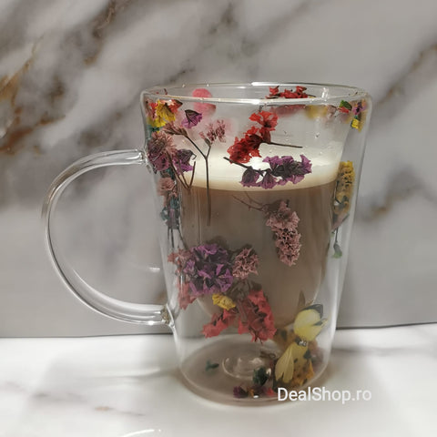 Set 6 Cani pentru Ceai Cafea Latte Machiato cu pereti dubli 320 ml Model flori Uscate coffe