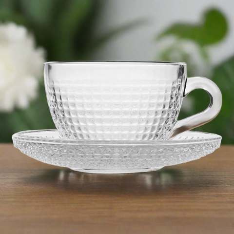 Set 6 cești cafea ceai  Sticlă Transparentă cu Farfurii 190 ml Venice Eleganță și Stil pentru Momentele Tale de Răsfat
