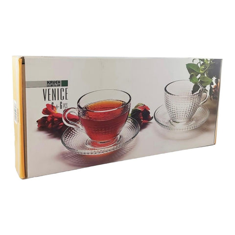 Set 6 cești cafea ceai  Sticlă Transparentă cu Farfurii 190 ml Venice Eleganță și Stil pentru Momentele Tale de Răsfat