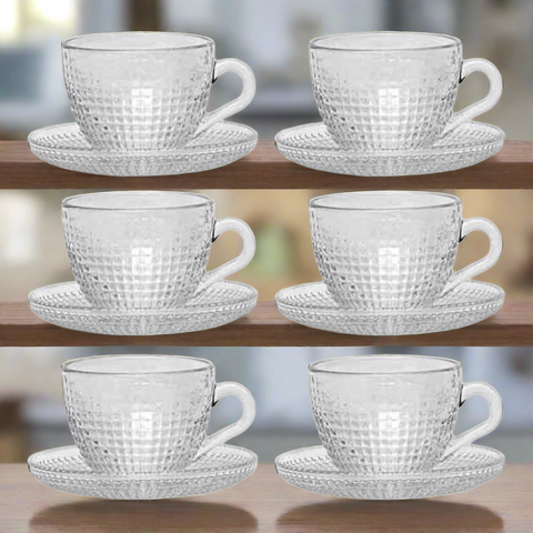 Set 6 cești cafea ceai  Sticlă Transparentă cu Farfurii 190 ml Venice Eleganță și Stil pentru Momentele Tale de Răsfat