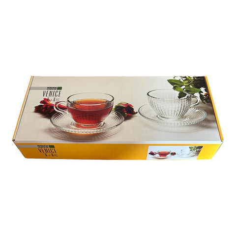 Set 6 cești cafea ceai  Sticlă Transparentă cu Farfurii 190 ml Venice Eleganță și Stil pentru Momentele Tale de Răsfat