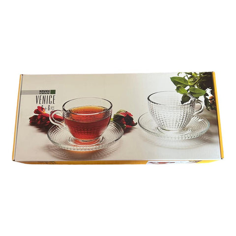 Set 6 cești cafea ceai  Sticlă Transparentă cu Farfurii 190 ml Venice Eleganță și Stil pentru Momentele Tale de Răsfat
