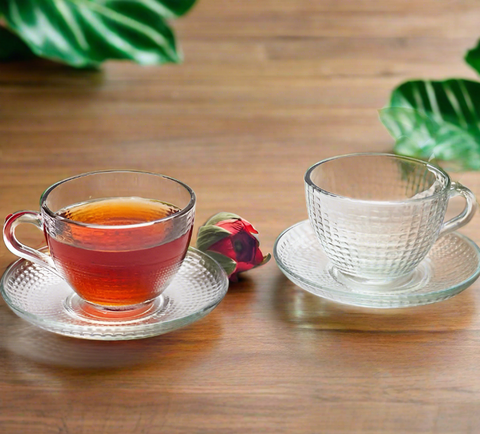 Set 6 cești cafea ceai  Sticlă Transparentă cu Farfurii 190 ml Venice Eleganță și Stil pentru Momentele Tale de Răsfat