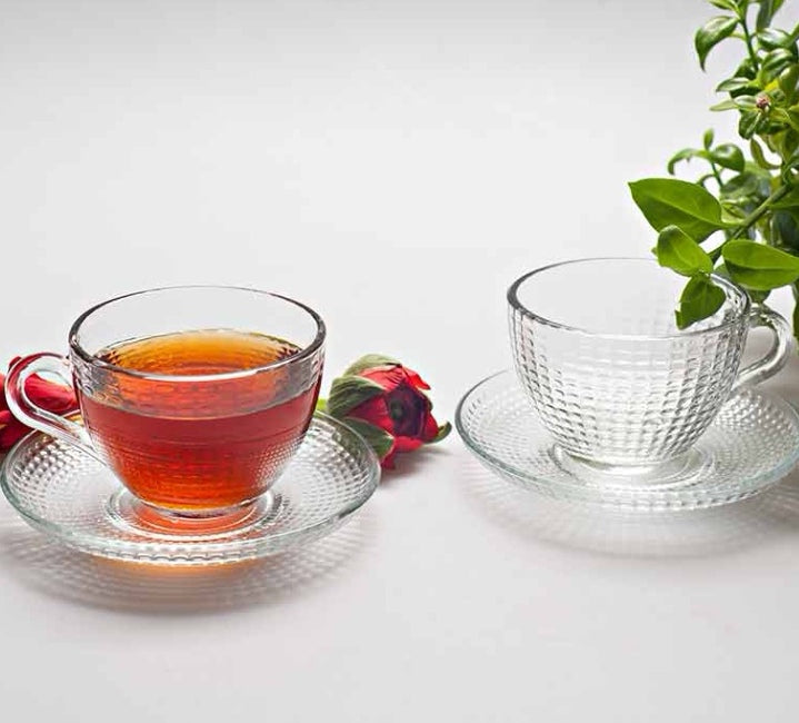 Set 6 cești cafea ceai  Sticlă Transparentă cu Farfurii 190 ml Venice Eleganță și Stil pentru Momentele Tale de Răsfat