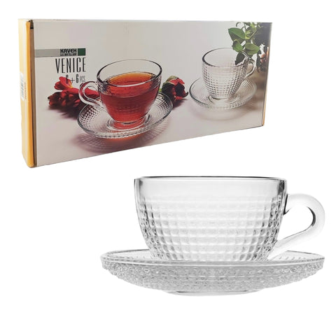 Set 6 cești cafea ceai  Sticlă Transparentă cu Farfurii 190 ml Venice Eleganță și Stil pentru Momentele Tale de Răsfat