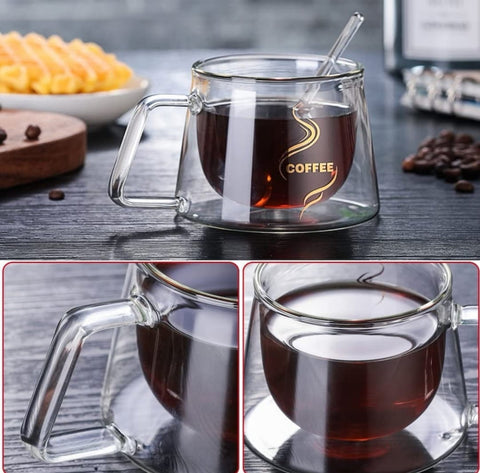 Set 6 cesti cafea cu pereti dubli sticla termorezistenta 200 ml Mesaj COFFEE CADOUL PERFECT terasa