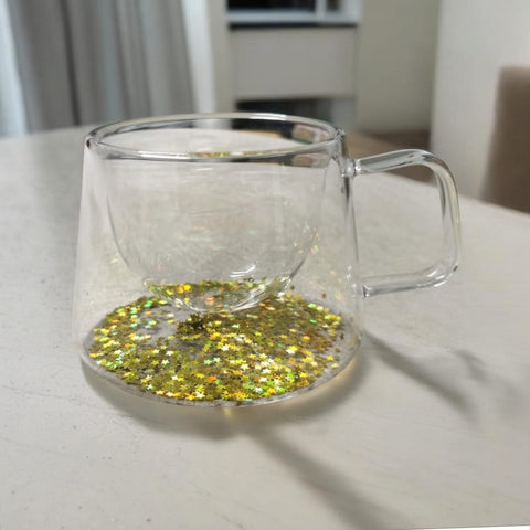 Set 6 cesti cafea Pereti Dubli Sticla Termorezistenta Model Stelute Aurii 180 ml