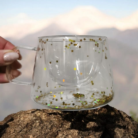 Set 6 cesti cafea Pereti Dubli Sticla Termorezistenta Model Stelute Aurii 180 ml