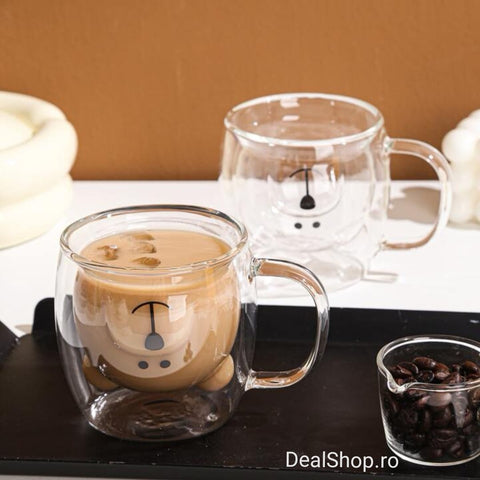 Set 6 cesti cafea pereti dubli sticla termorezistenta Model Ursulet 260 ml coffe