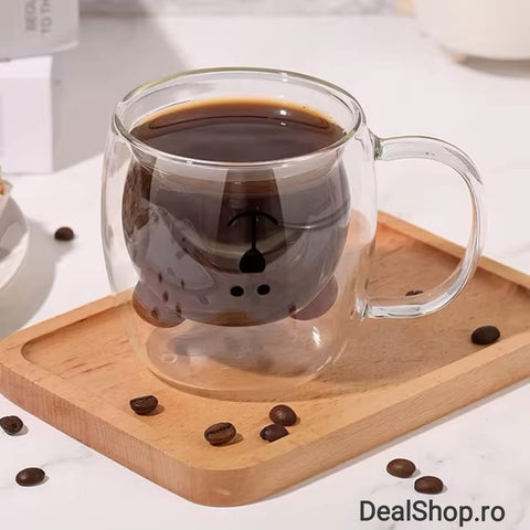 Set 6 cesti cafea pereti dubli sticla termorezistenta Model Ursulet 260 ml coffe