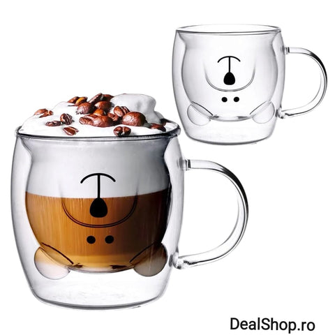 Set 6 cesti cafea pereti dubli sticla termorezistenta Model Ursulet 260 ml coffe