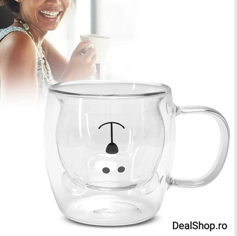 Set 6 cesti cafea pereti dubli sticla termorezistenta Model Ursulet 260 ml coffe