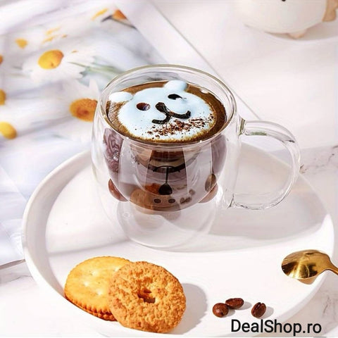 Set 6 cesti cafea pereti dubli sticla termorezistenta Model Ursulet 260 ml coffe