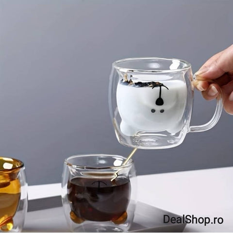 Set 6 cesti cafea pereti dubli sticla termorezistenta Model Ursulet 260 ml coffe